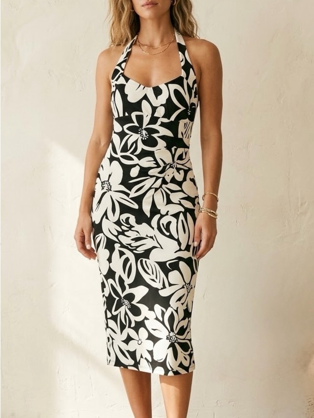 CACHE Vintage NWT Black White Floral Halter Bodycon Mini Dress Size 8